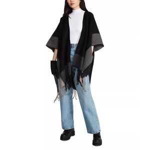 Steve Madden Black & Gray Colorblock Knit Poncho Cape Sweater W Fringe Trim OS